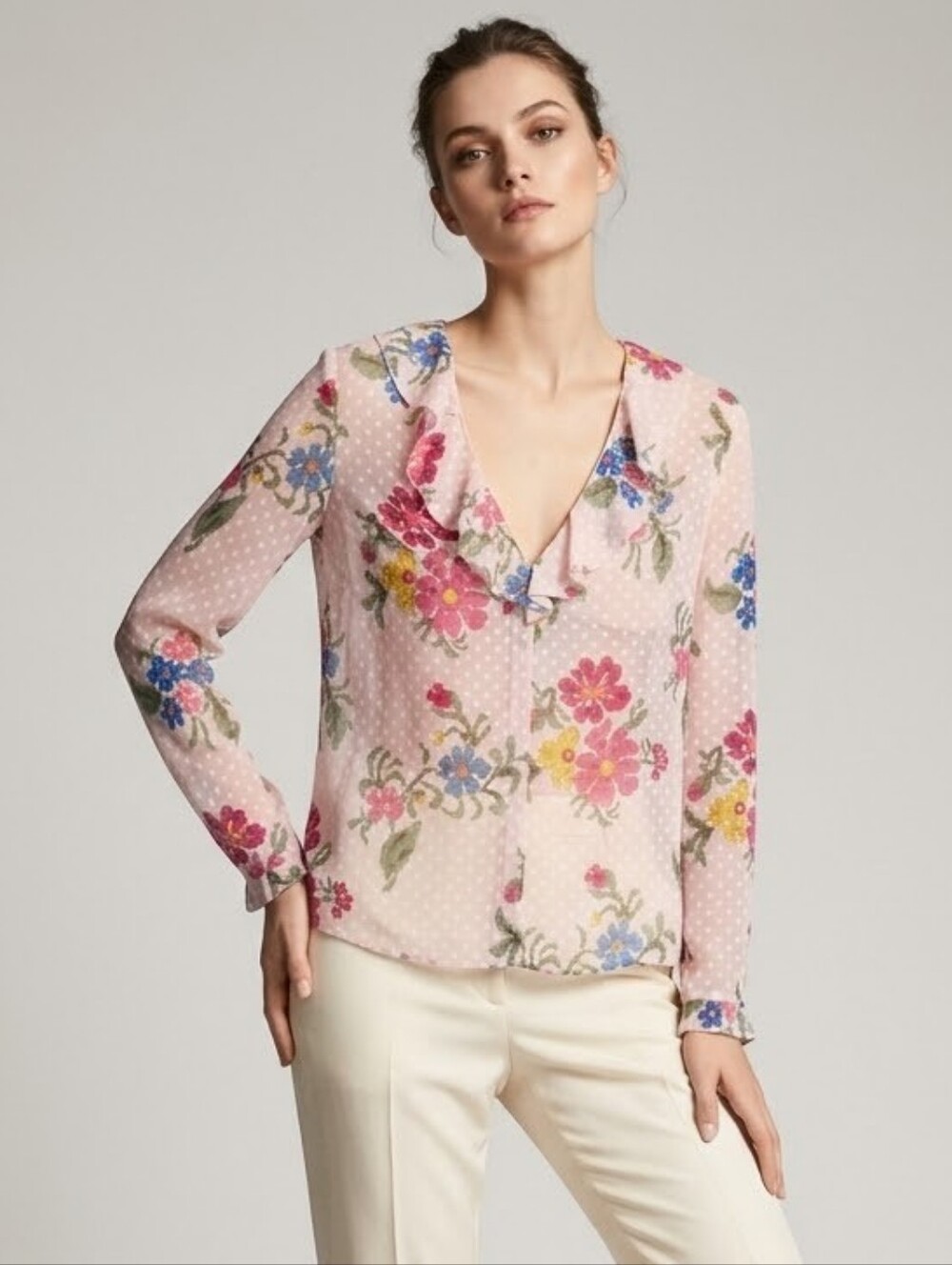 Red Valentino Ruffled Floral Semi Sheer Chiffon Blouse AS IS